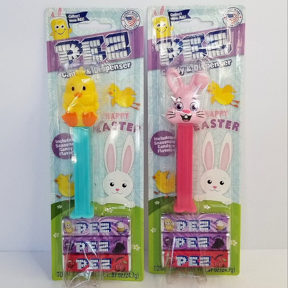 PEZ Two Piece Easter Holiday Toy Candy Dispensers Lot- Pink Bunny & Baby Chick